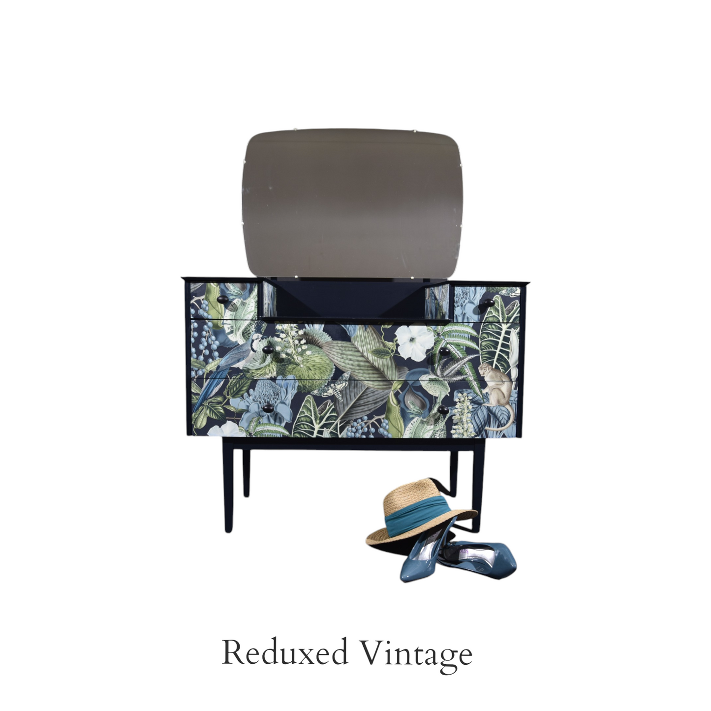 Dressing table, decoupage, hand painted, designer wallpaper, satin finish, Functional Art, storage, bedroom furniture