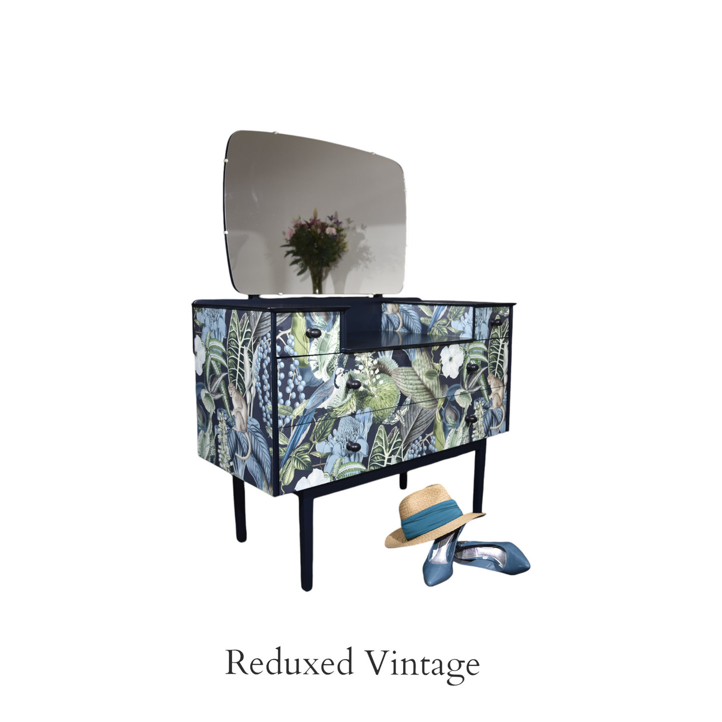Dressing table, decoupage, hand painted, designer wallpaper, satin finish, Functional Art, storage, bedroom furniture