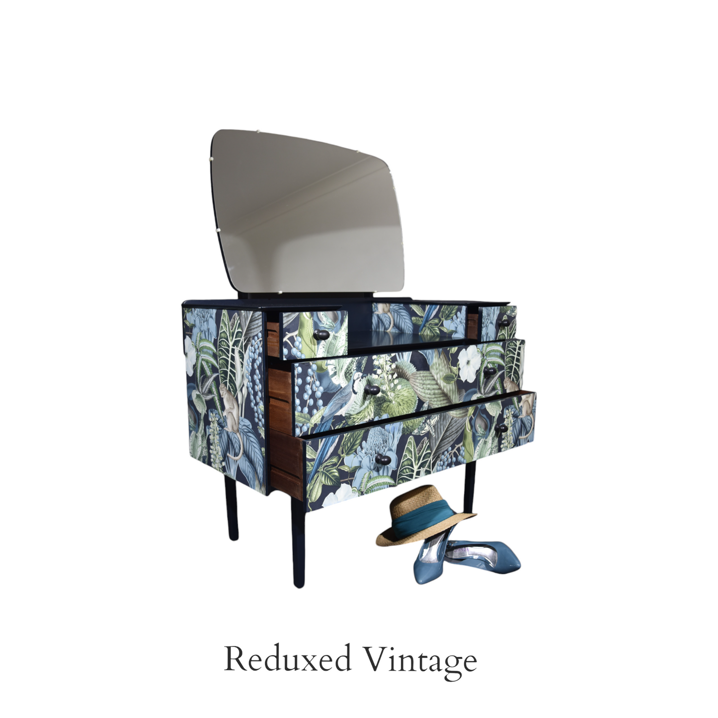 Dressing table, decoupage, hand painted, designer wallpaper, satin finish, Functional Art, storage, bedroom furniture