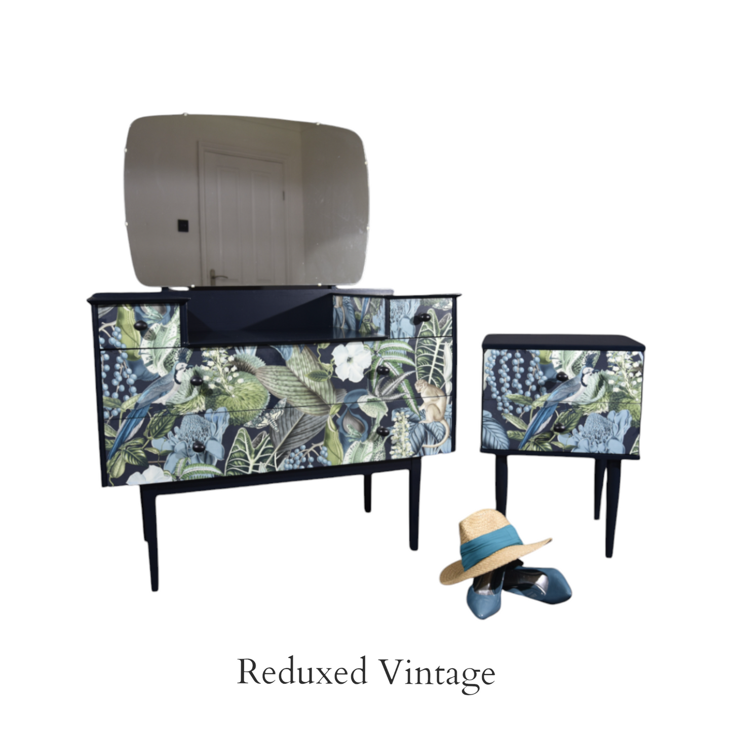 Bedside table, decoupage, hand painted, designer wallpaper, satin finish, Functional Art, storage, bedroom furniture