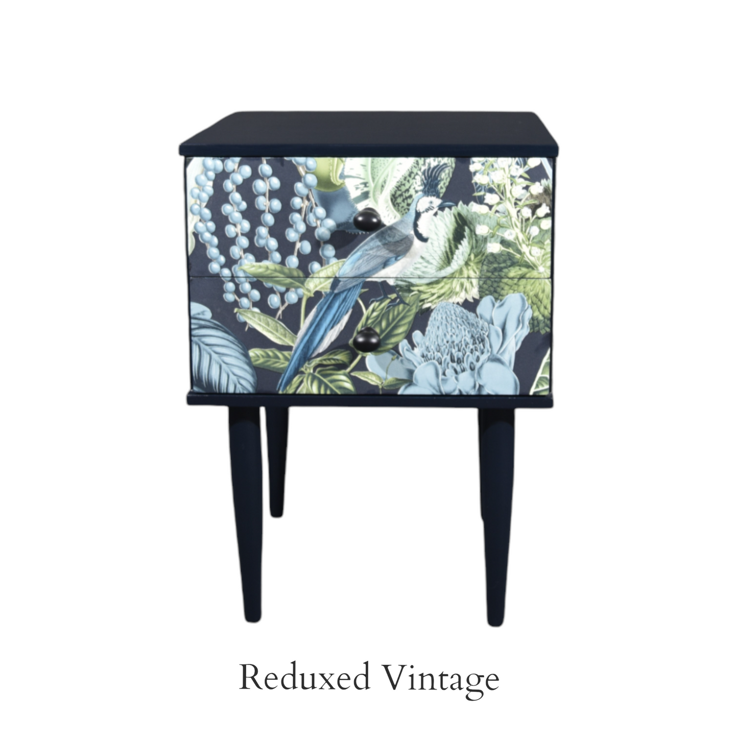 Bedside table, decoupage, hand painted, designer wallpaper, satin finish, Functional Art, storage, bedroom furniture