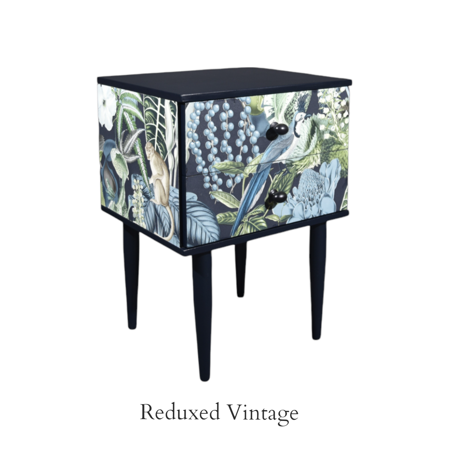 Bedside table, decoupage, hand painted, designer wallpaper, satin finish, Functional Art, storage, bedroom furniture