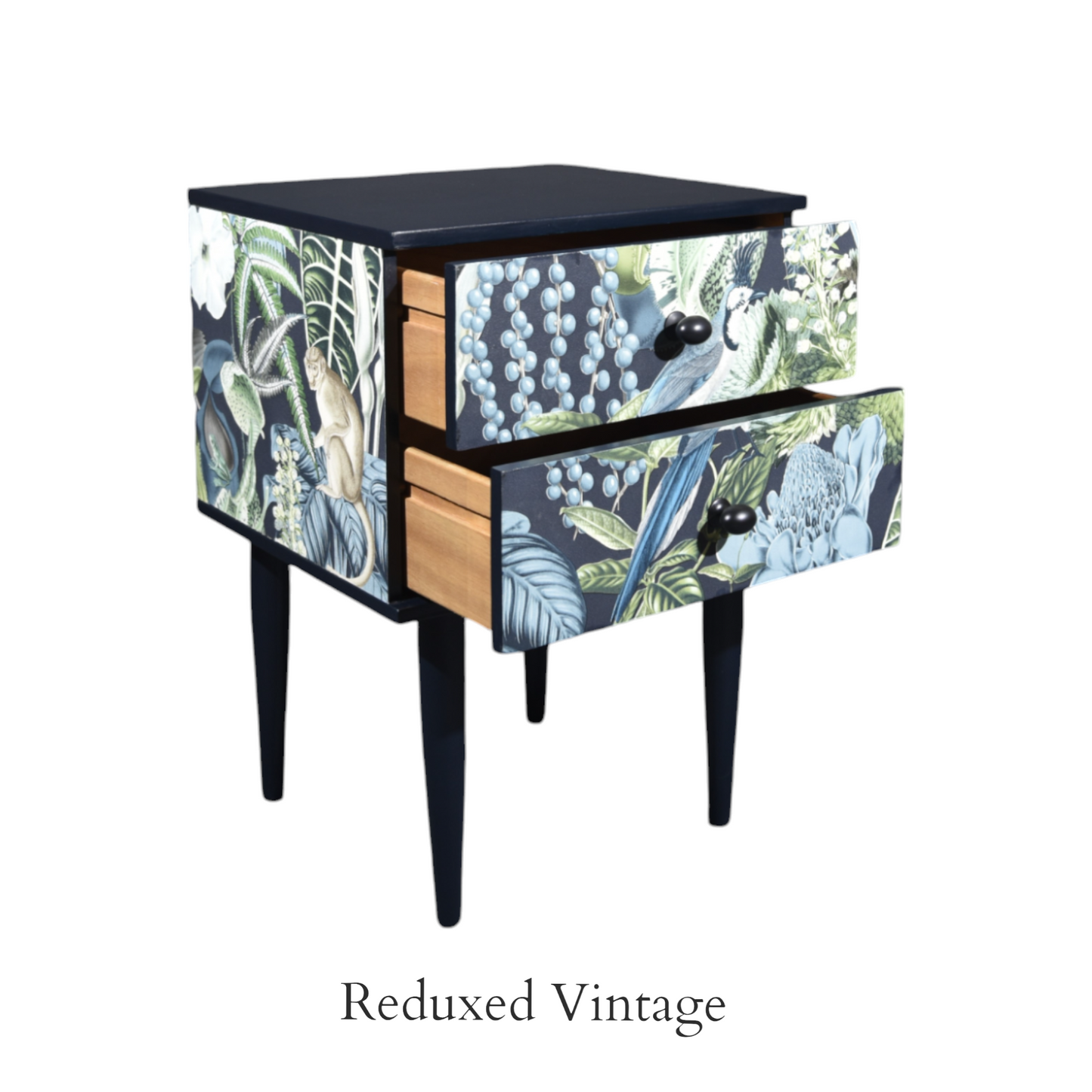 Bedside table, decoupage, hand painted, designer wallpaper, satin finish, Functional Art, storage, bedroom furniture