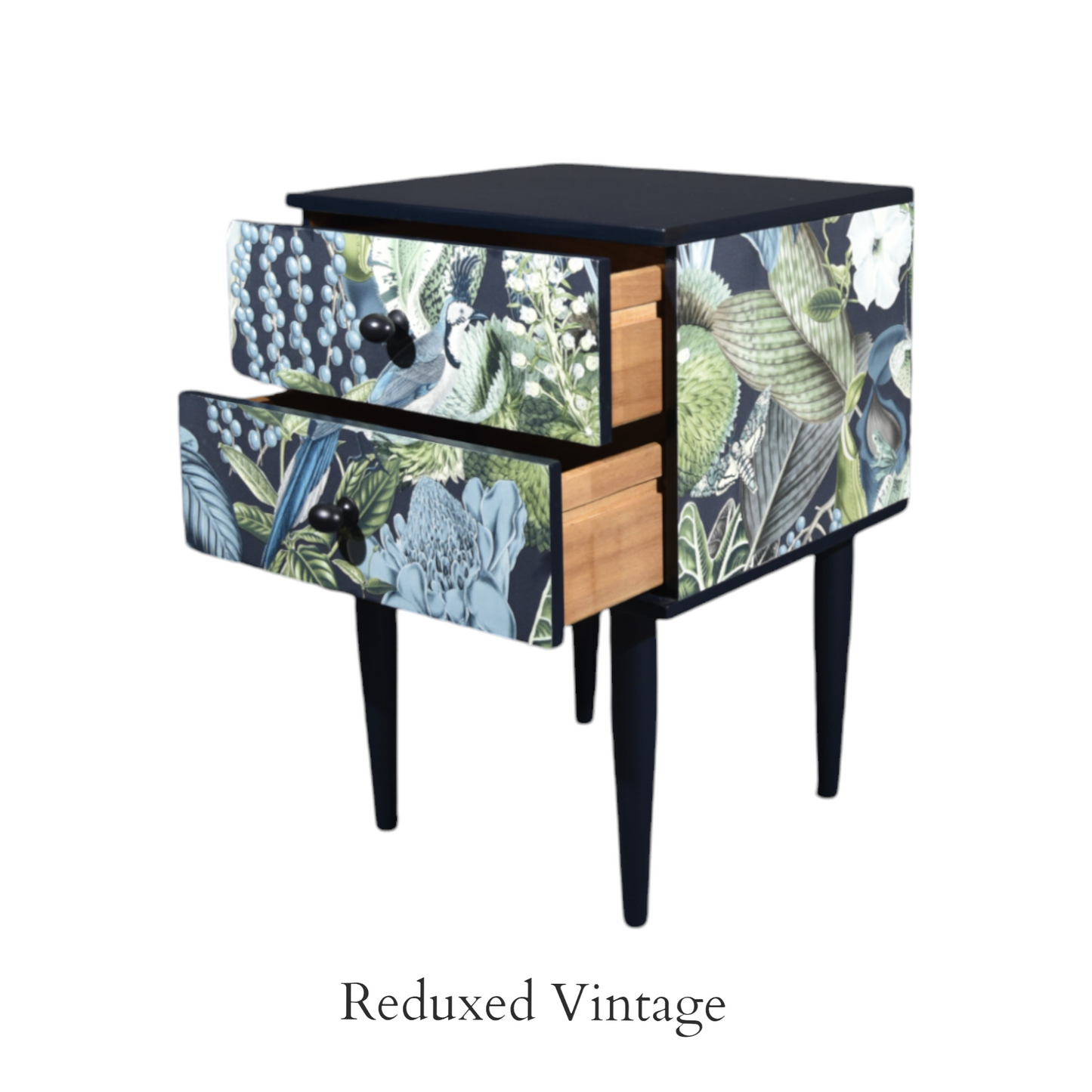 Bedside table, decoupage, hand painted, designer wallpaper, satin finish, Functional Art, storage, bedroom furniture