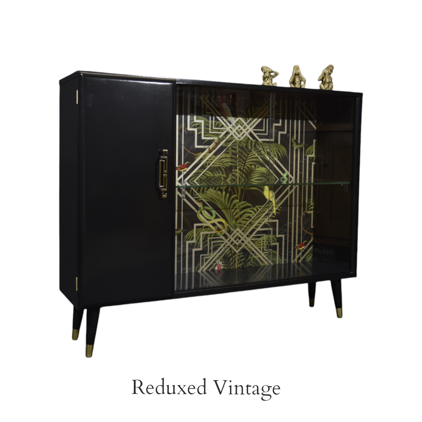 Turnidge of London sideboard, Gatsby, decoupage, glass doors, brass feet, 1960s, upcycled, sustainable living, eco furniture, dining room.