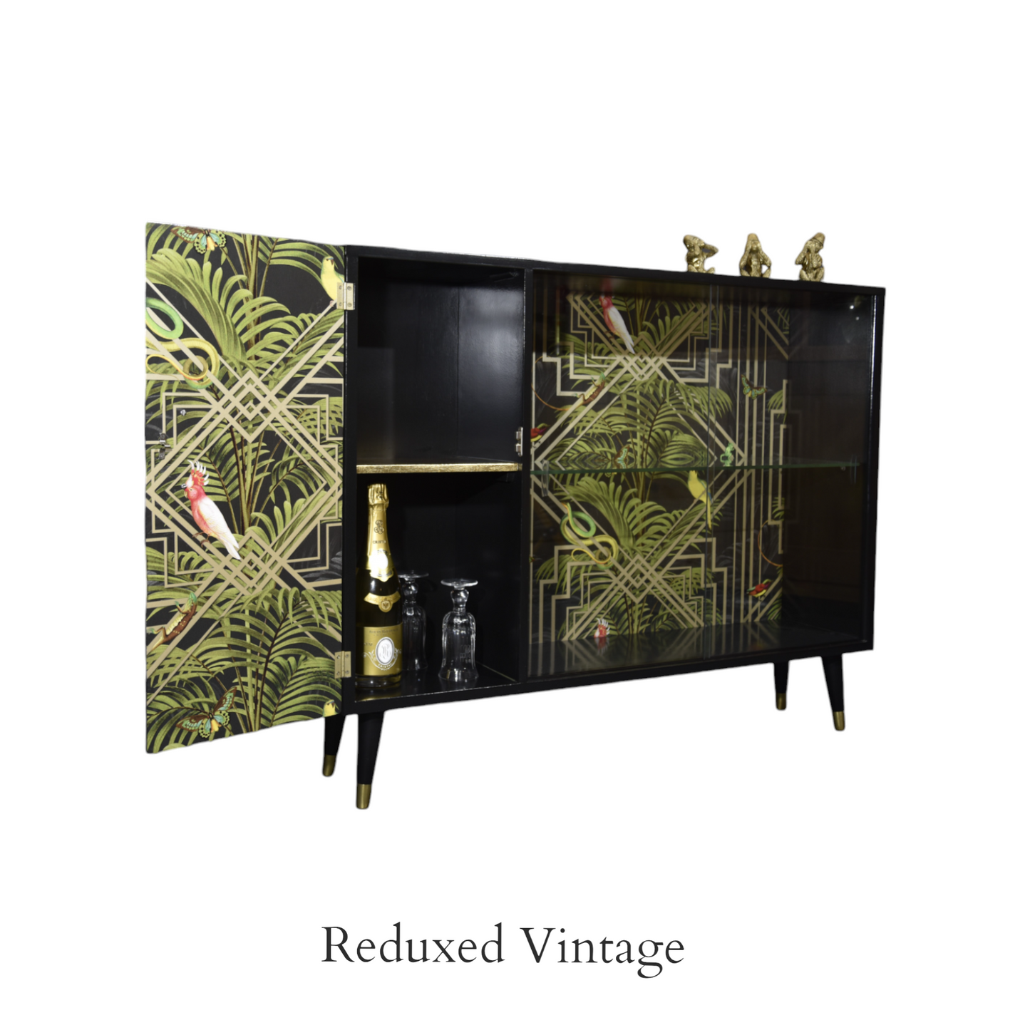 Turnidge of London sideboard, Gatsby, decoupage, glass doors, brass feet, 1960s, upcycled, sustainable living, eco furniture, dining room.