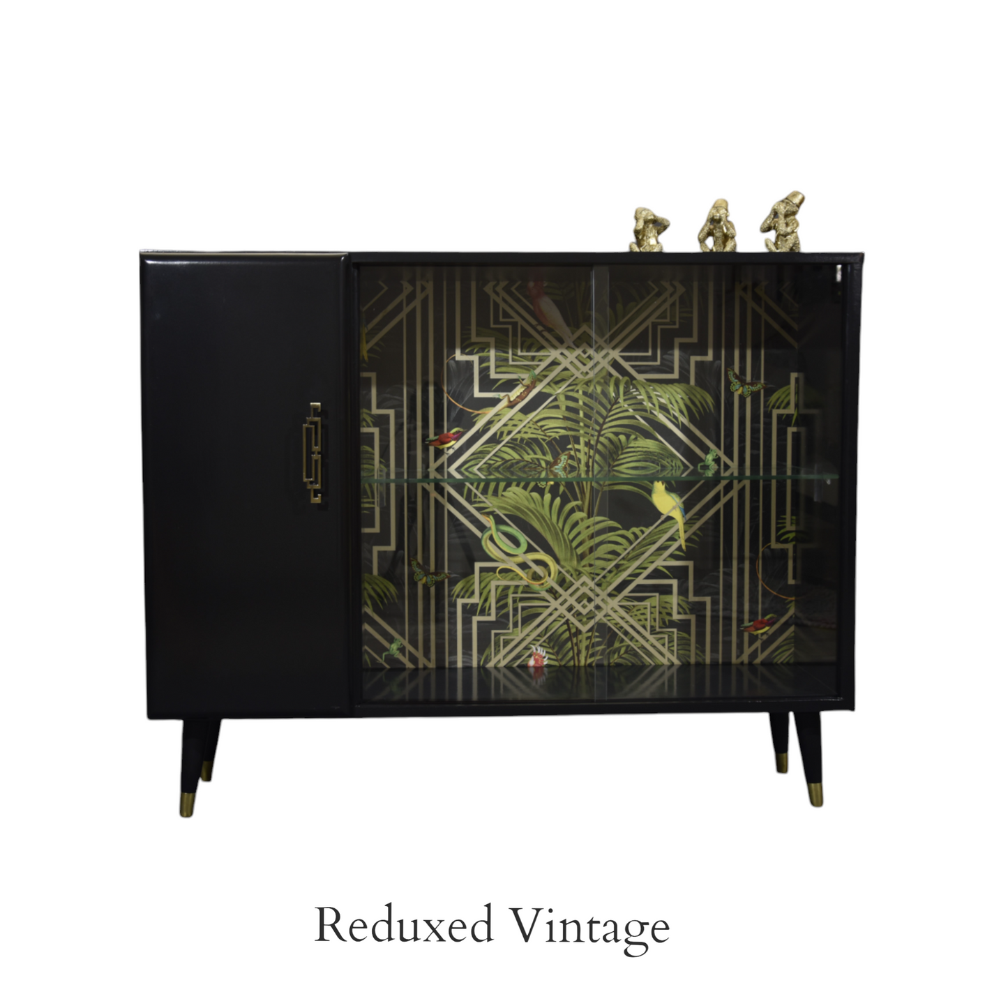 Turnidge of London sideboard, Gatsby, decoupage, glass doors, brass feet, 1960s, upcycled, sustainable living, eco furniture, dining room.