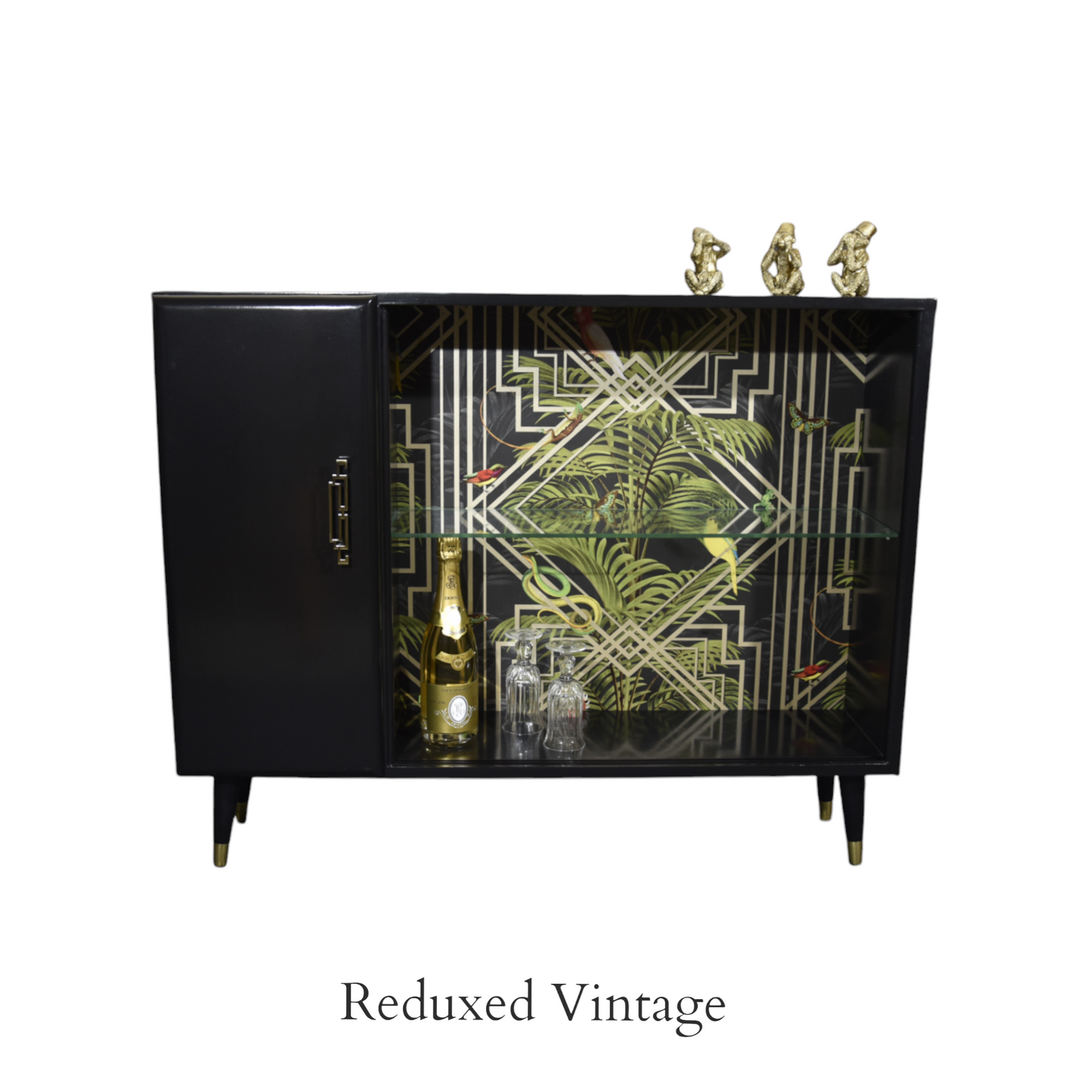 Turnidge of London sideboard, Gatsby, decoupage, glass doors, brass feet, 1960s, upcycled, sustainable living, eco furniture, dining room.