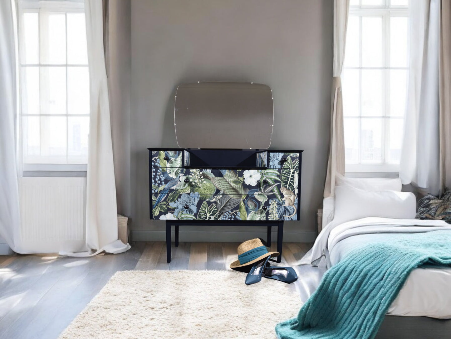 Dressing table, decoupage, hand painted, designer wallpaper, satin finish, Functional Art, storage, bedroom furniture