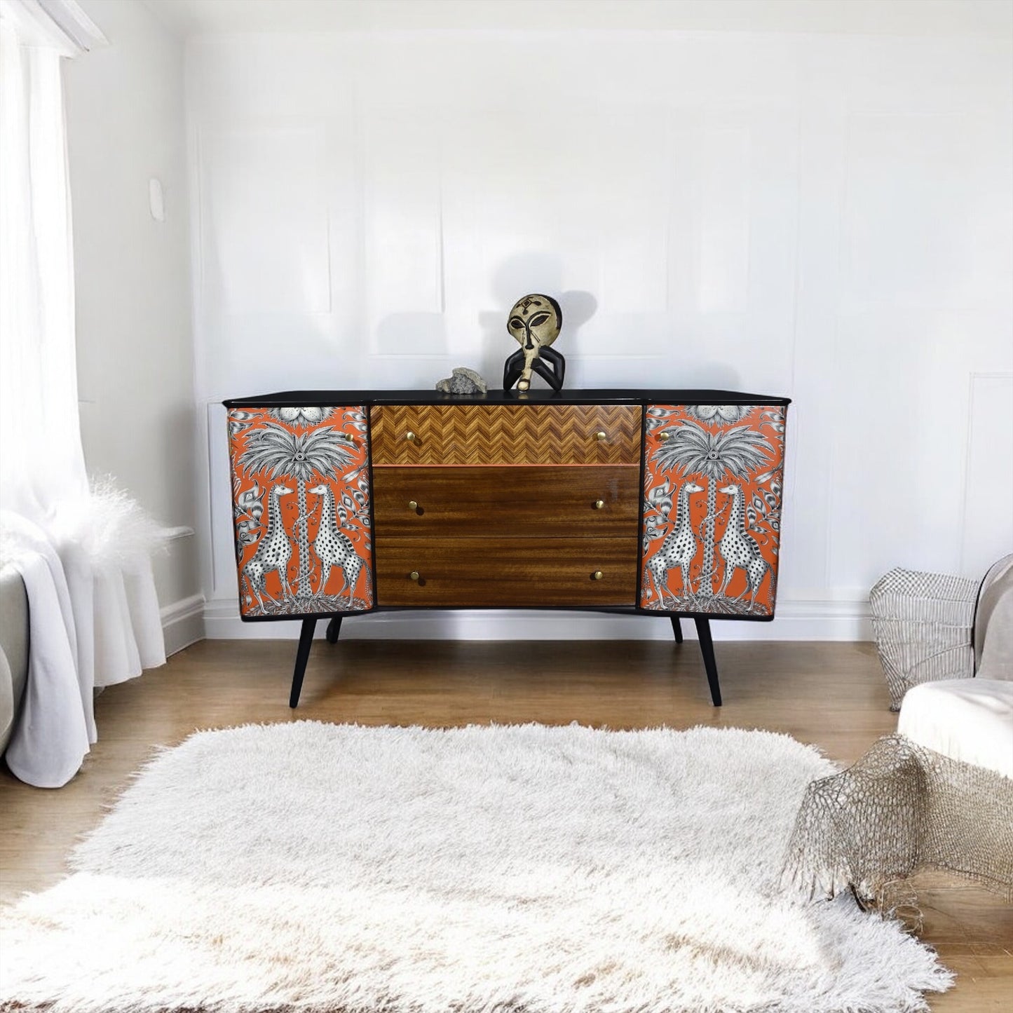Upcycled Uniflex Sideboard, decoupage, hand painted, designer wallpaper, satin finish, Functional Art, storage, MCM