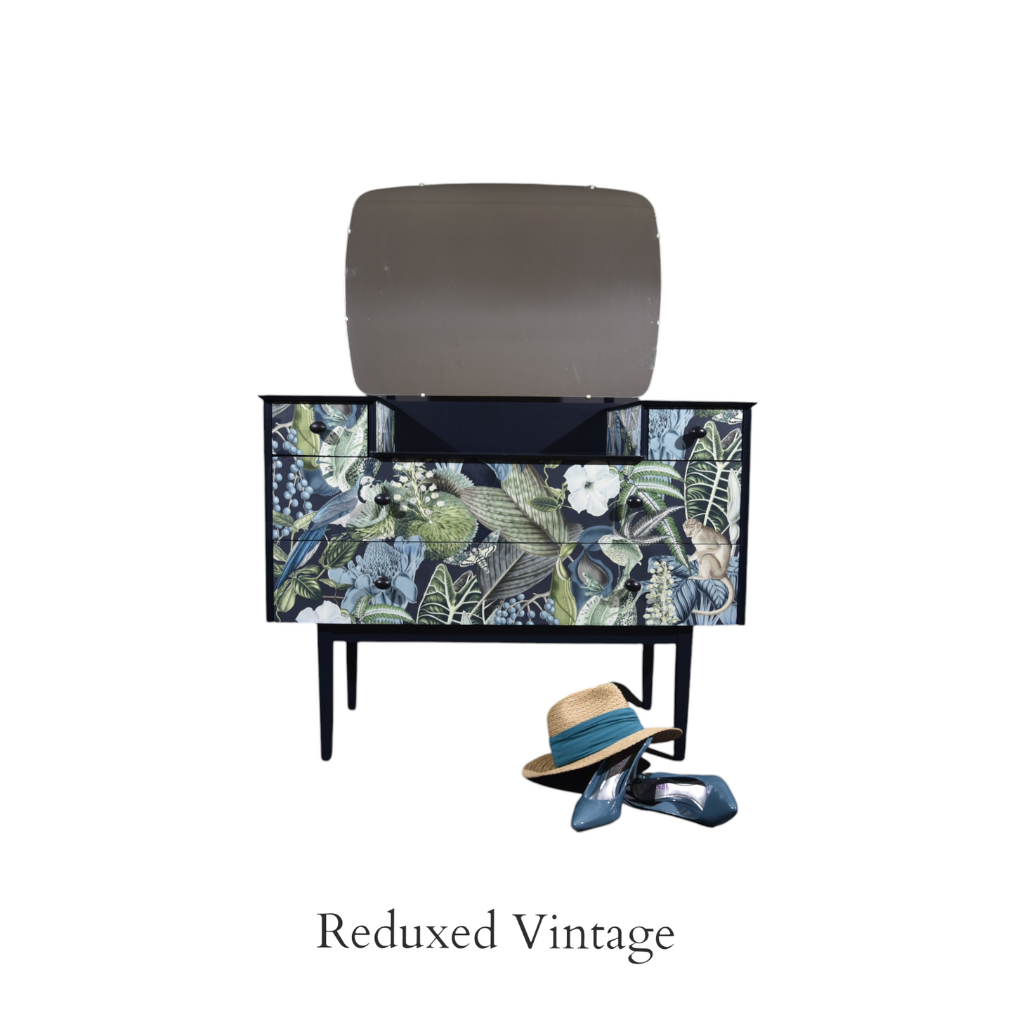 Dressing table, decoupage,  hand painted, designer wallpaper, satin finish, Functional Art, storage, bedroom furniture