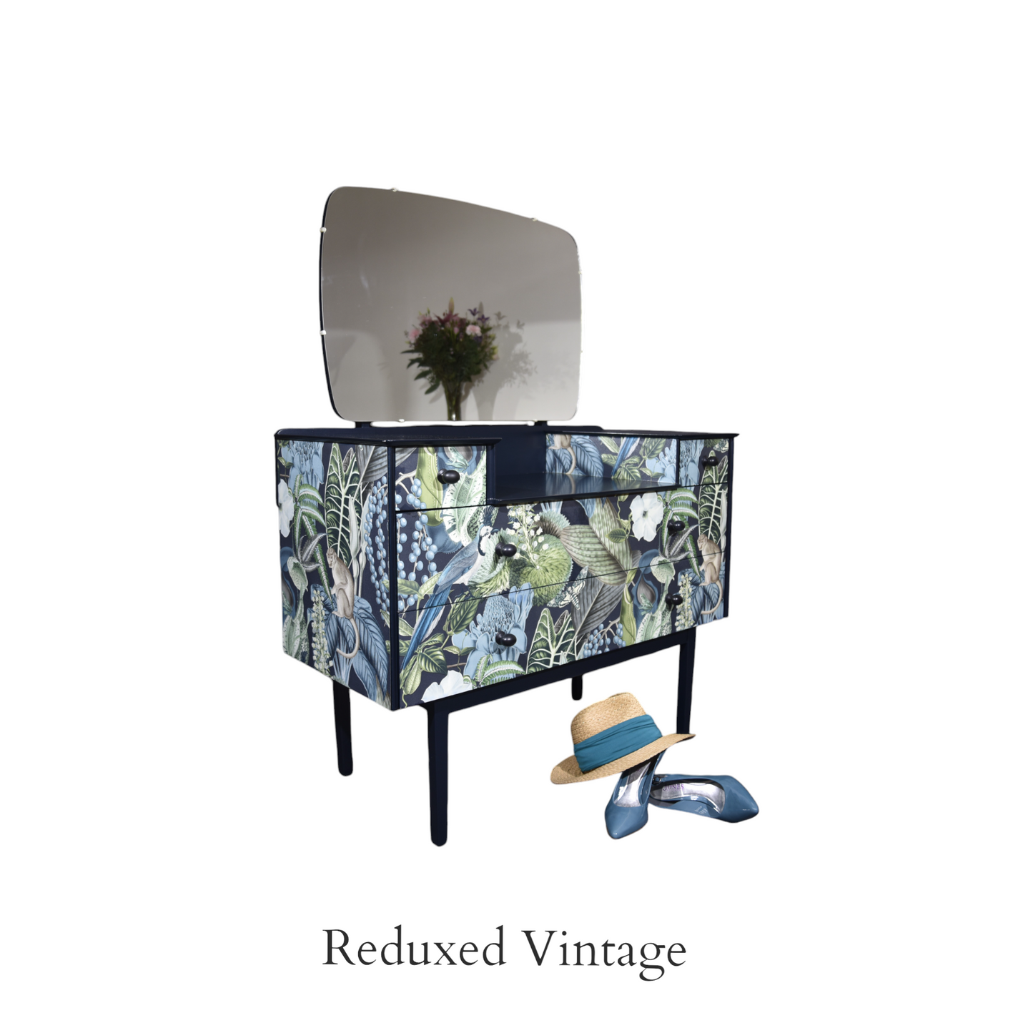 Dressing table, decoupage,  hand painted, designer wallpaper, satin finish, Functional Art, storage, bedroom furniture