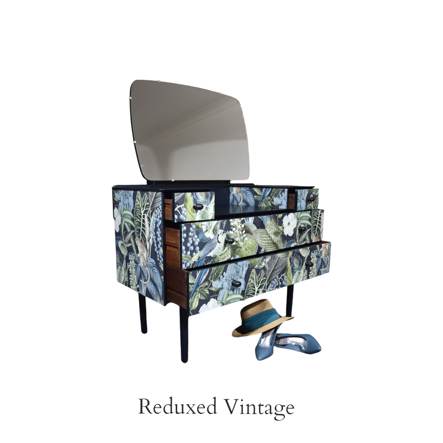 Dressing table, decoupage,  hand painted, designer wallpaper, satin finish, Functional Art, storage, bedroom furniture