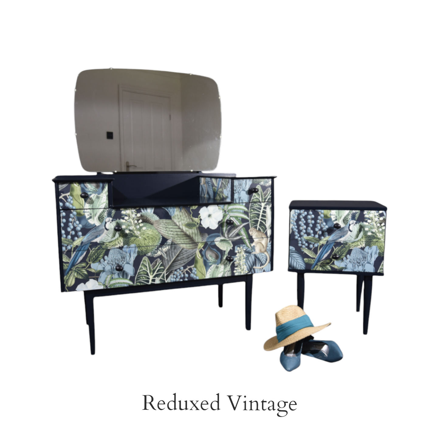 Bedside table, decoupage,  hand painted, designer wallpaper, satin finish, Functional Art, storage, bedroom furniture