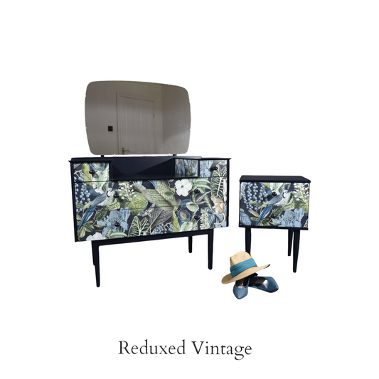 Dressing table, decoupage,  hand painted, designer wallpaper, satin finish, Functional Art, storage, bedroom furniture