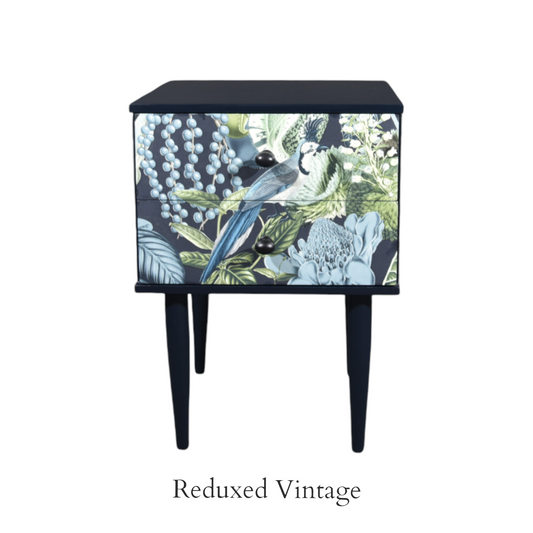 Bedside table, decoupage,  hand painted, designer wallpaper, satin finish, Functional Art, storage, bedroom furniture