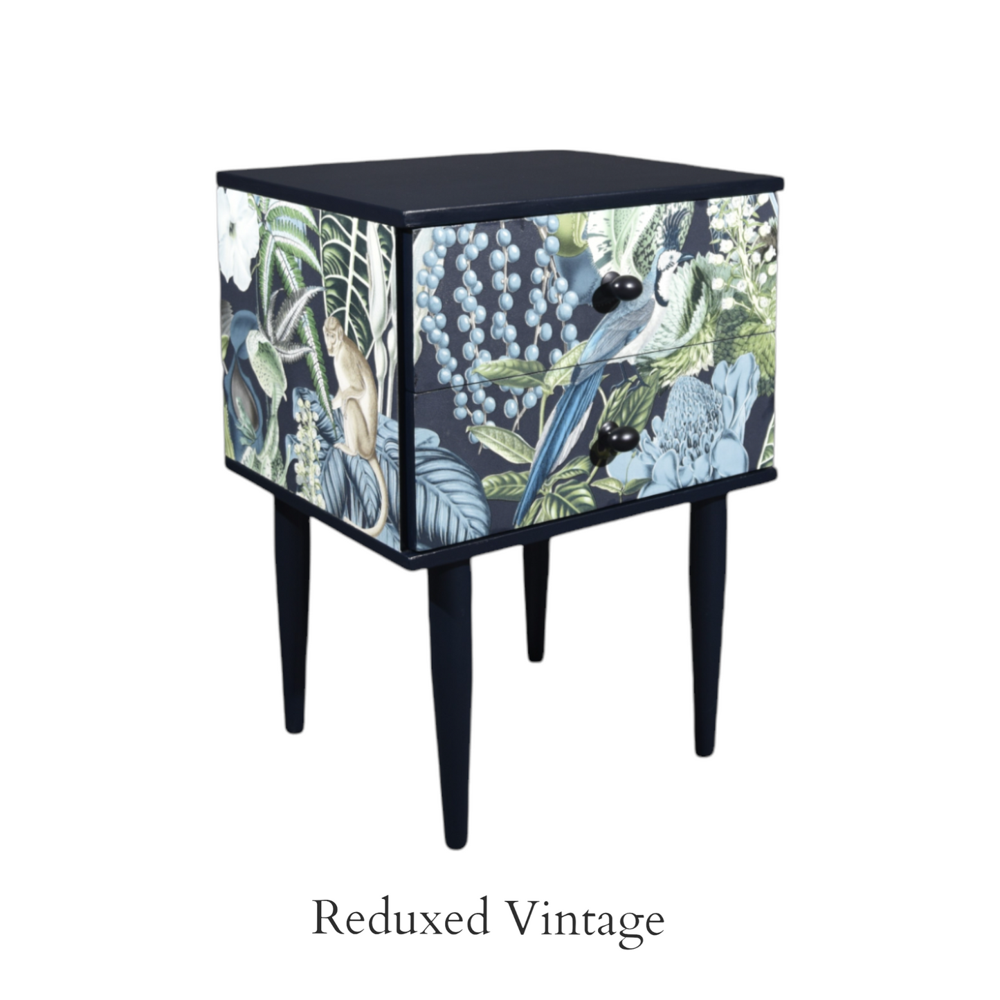 Bedside table, decoupage,  hand painted, designer wallpaper, satin finish, Functional Art, storage, bedroom furniture