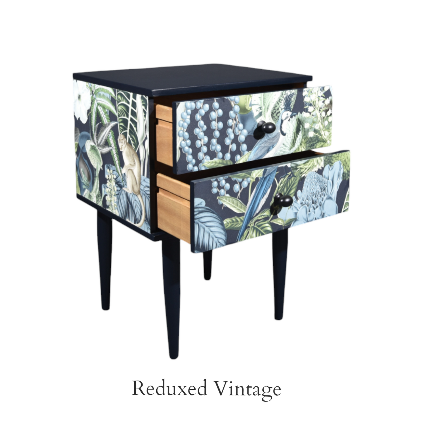 Bedside table, decoupage,  hand painted, designer wallpaper, satin finish, Functional Art, storage, bedroom furniture