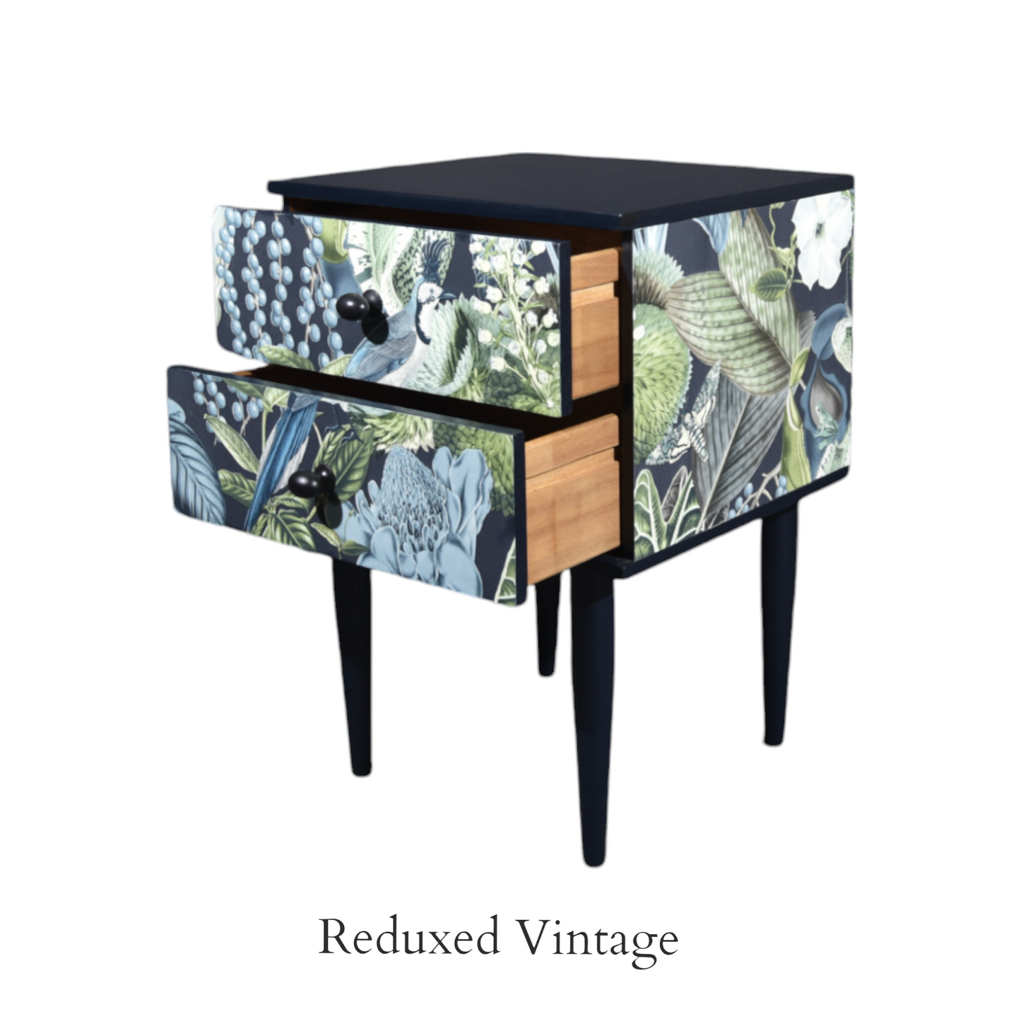 Bedside table, decoupage,  hand painted, designer wallpaper, satin finish, Functional Art, storage, bedroom furniture