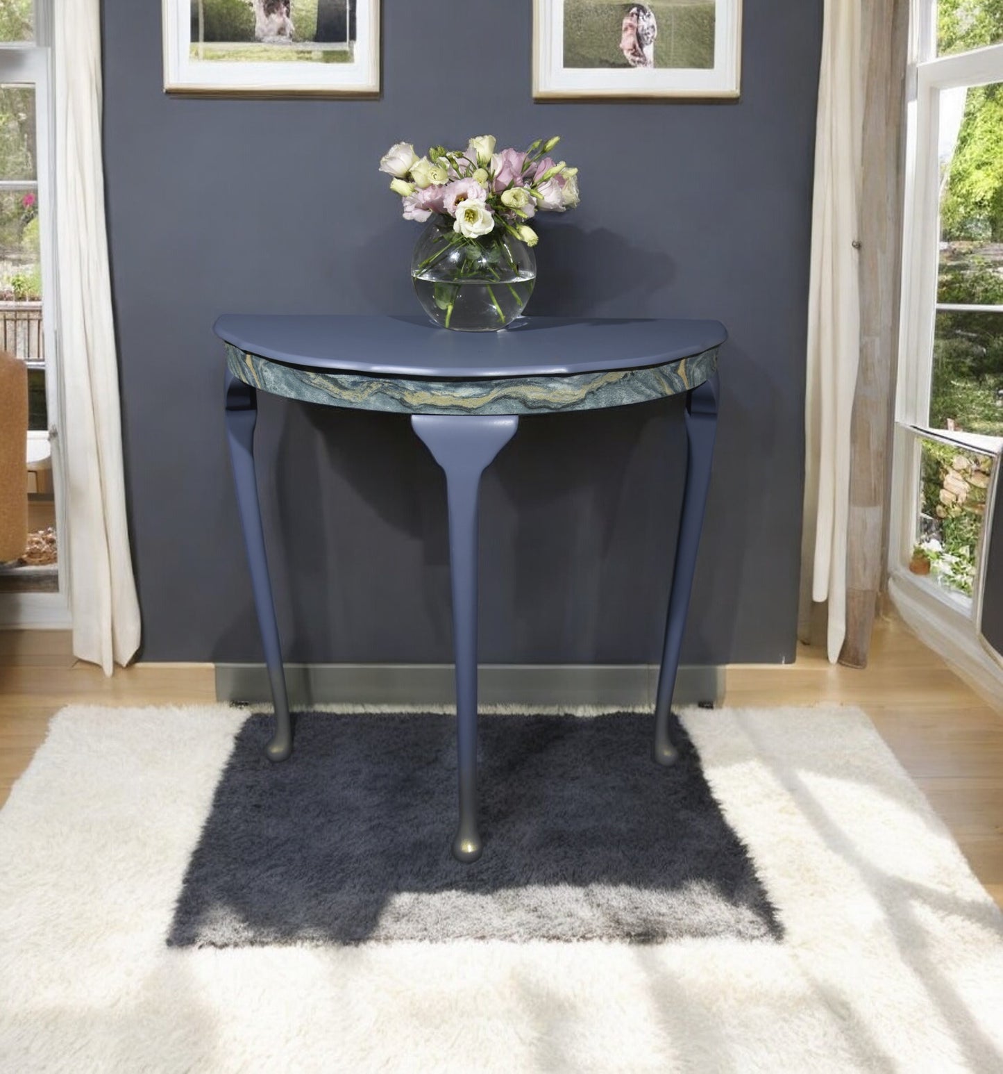 Console table, hall table, living room, dining room, eco furniture, decoupage, hand painted, halfmoon table, demi-lune, blue