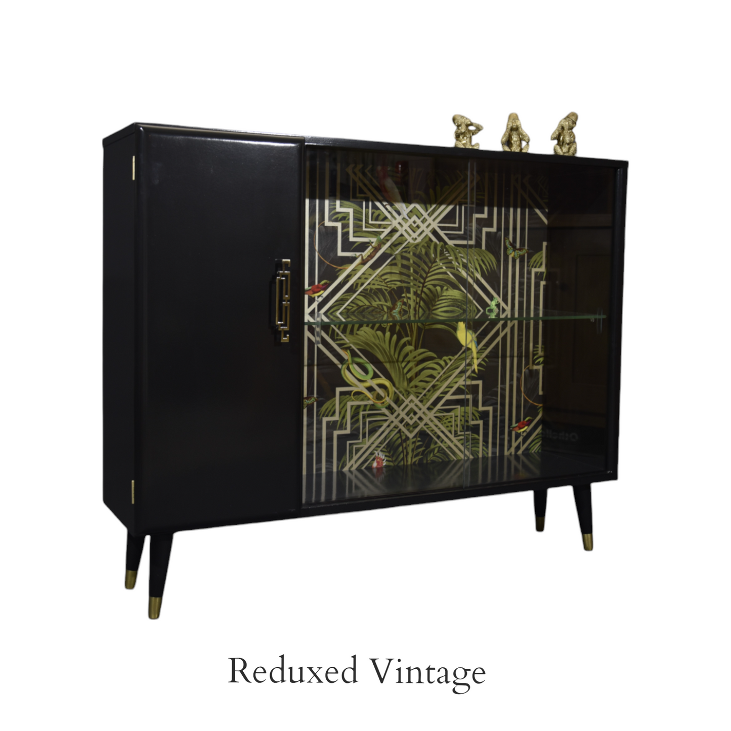 Turnidge of London sideboard, Gatsby, decoupage,  glass doors, brass feet, 1960s, upcycled, sustainable living, eco furniture, dining room.