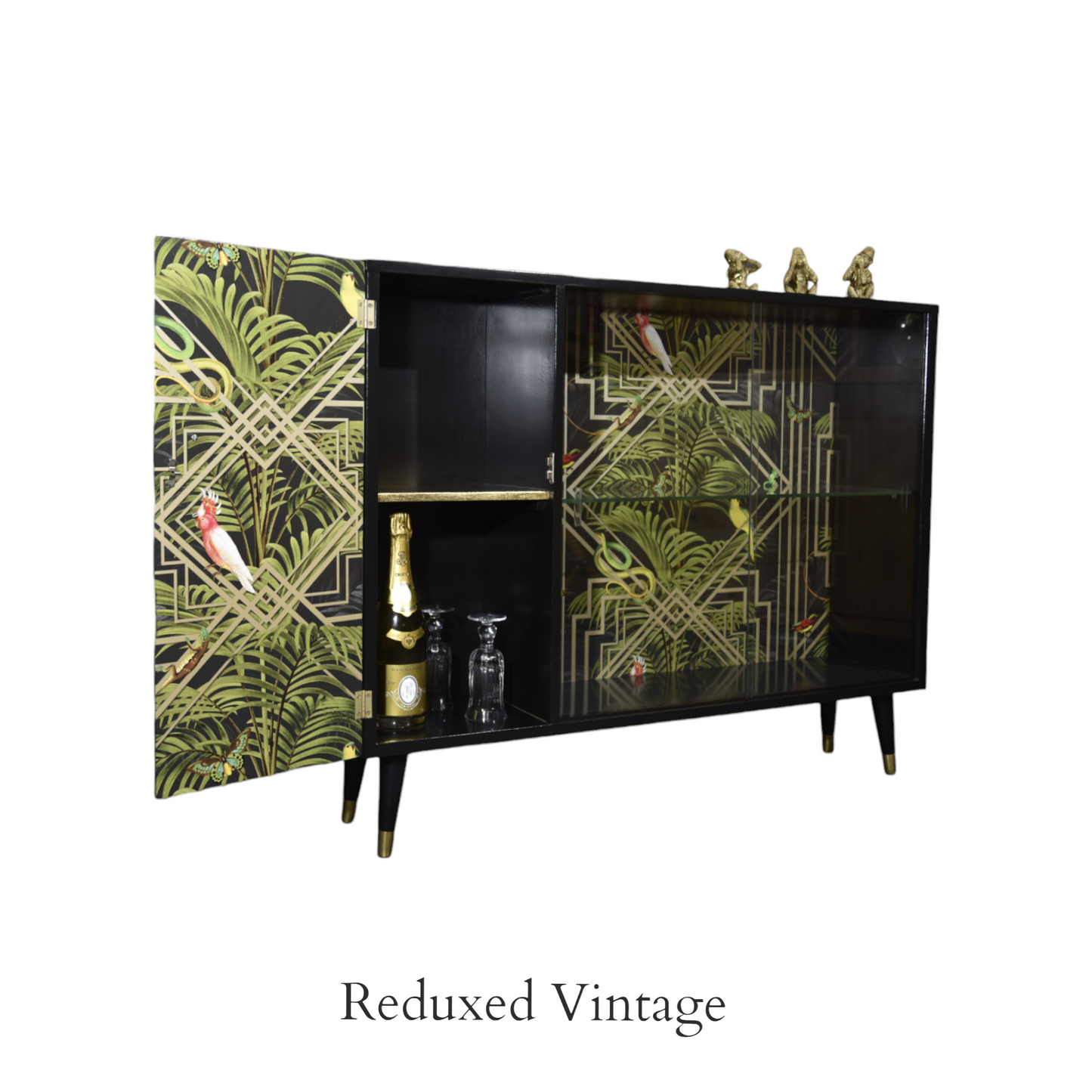 Turnidge of London sideboard, Gatsby, decoupage,  glass doors, brass feet, 1960s, upcycled, sustainable living, eco furniture, dining room.