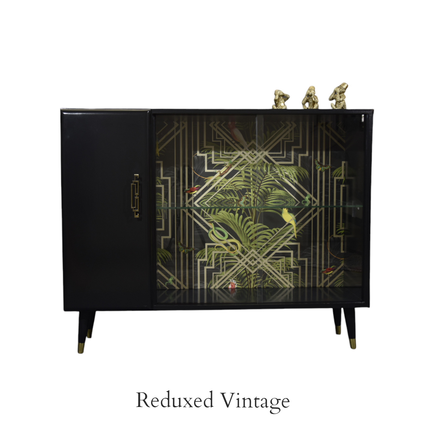 Turnidge of London sideboard, Gatsby, decoupage,  glass doors, brass feet, 1960s, upcycled, sustainable living, eco furniture, dining room.