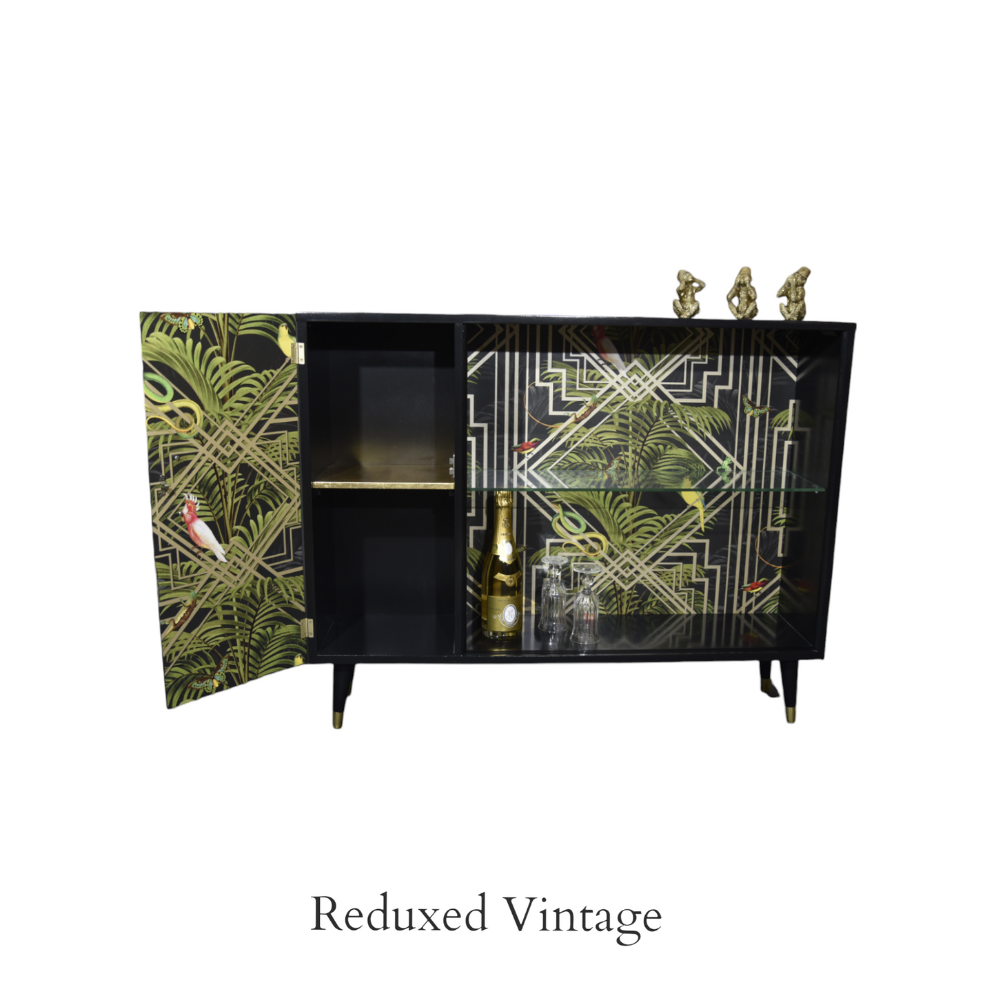 Turnidge of London sideboard, Gatsby, decoupage,  glass doors, brass feet, 1960s, upcycled, sustainable living, eco furniture, dining room.