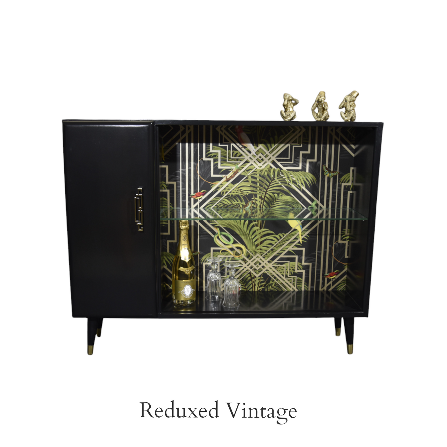 Turnidge of London sideboard, Gatsby, decoupage,  glass doors, brass feet, 1960s, upcycled, sustainable living, eco furniture, dining room.