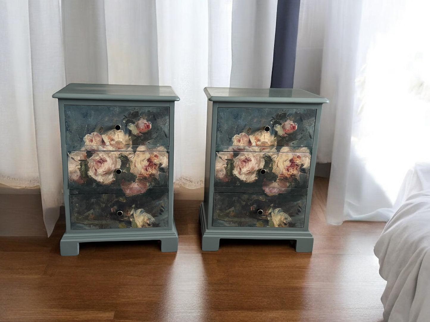 A pair of beside tables, solid pine, hand painted, decoupage, green, storage