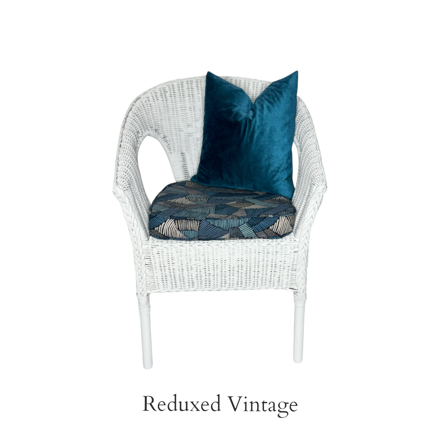 wicker chair, seating, white, abstract design, blue, white, furniture