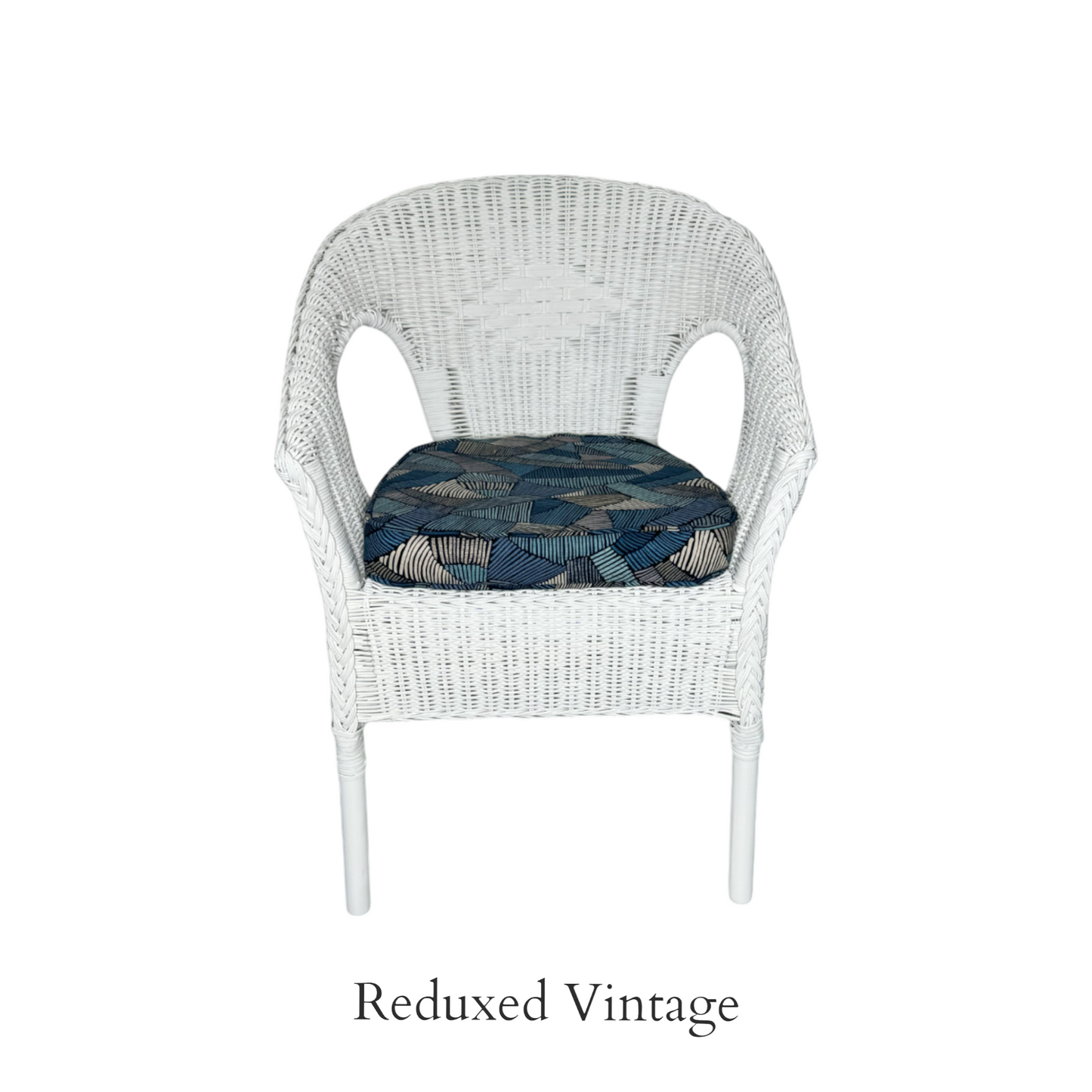 wicker chair, seating, white, abstract design, blue, white, furniture