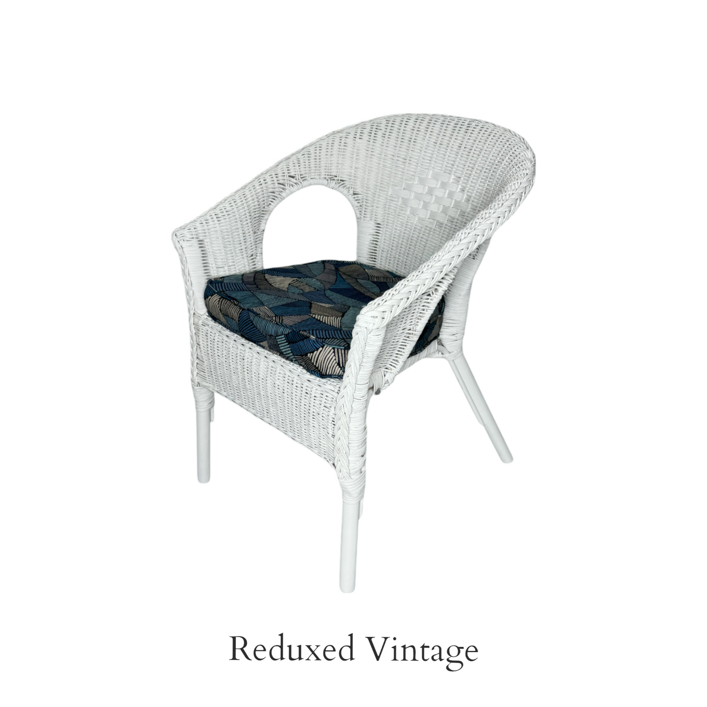 wicker chair, seating, white, abstract design, blue, white, furniture