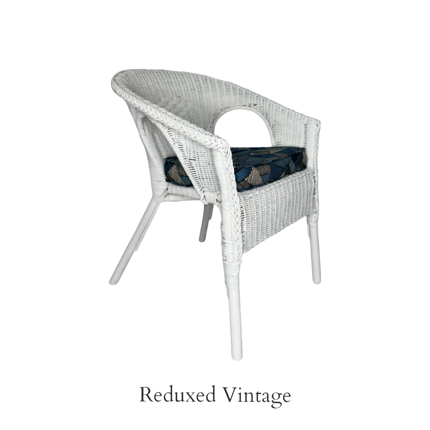 wicker chair, seating, white, abstract design, blue, white, furniture