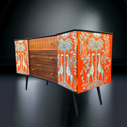 Handcrafted MCM Sideboard with Artistic Decoupage - One-of-a-Kind Elegance for Your Home