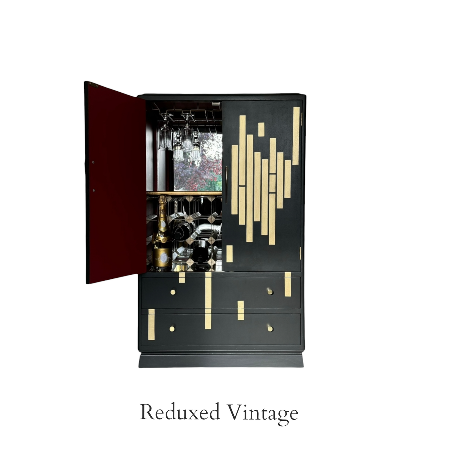 Wine Bar, art deco, black and gold, gold leaf, wine cupboard, drinks cupboard, geometric design