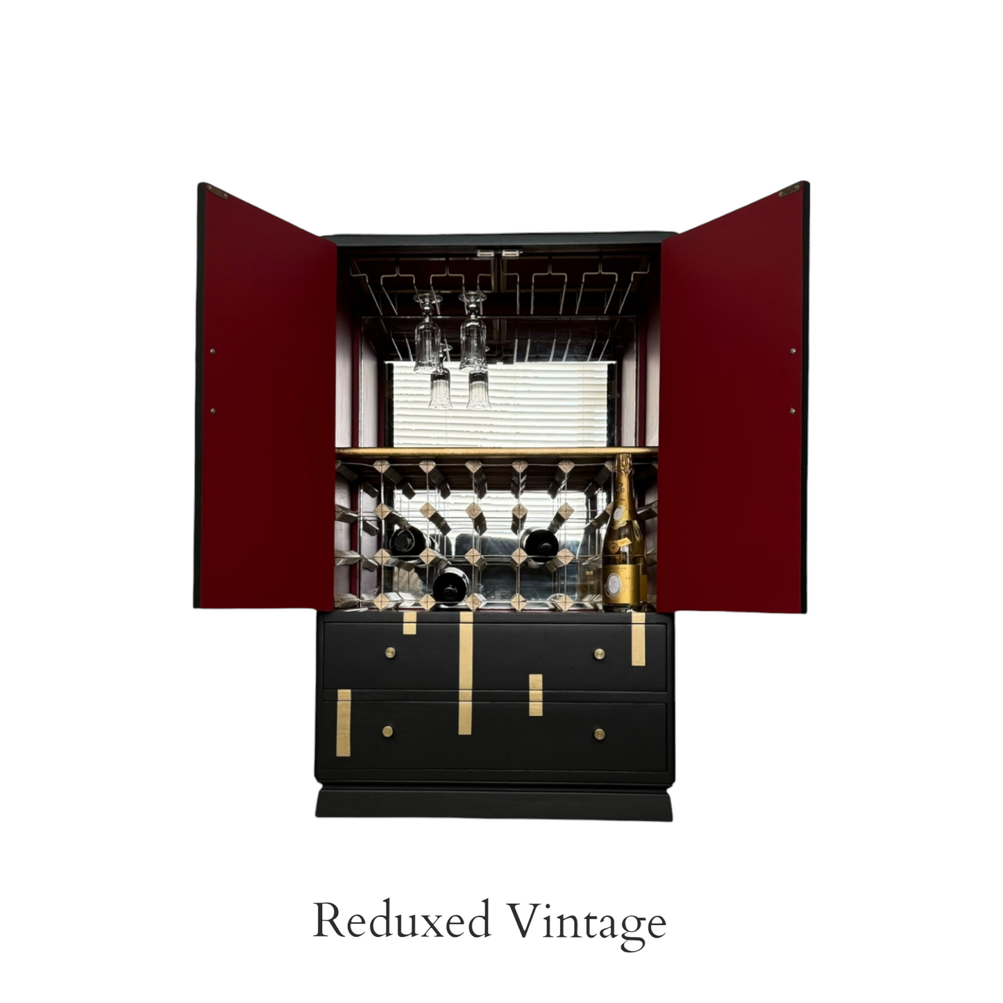 Wine Bar, art deco, black and gold, gold leaf, wine cupboard, drinks cupboard, geometric design