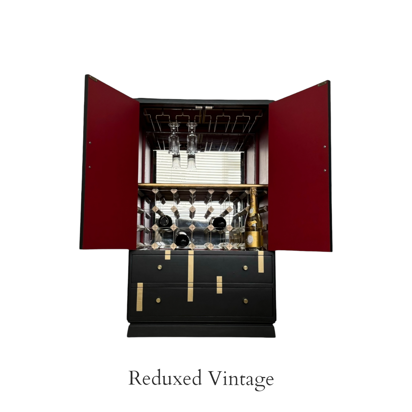 Wine Bar, art deco, black and gold, gold leaf, wine cupboard, drinks cupboard, geometric design