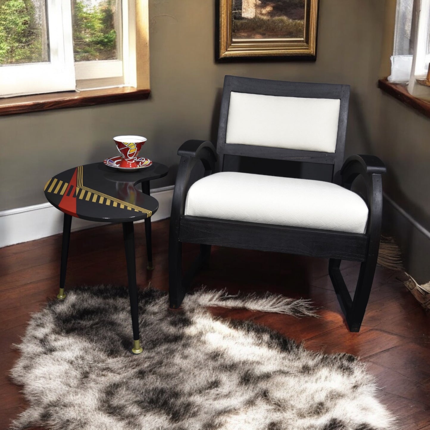 Side table, plant table, MCM, handpainted, geometric pattern, dansette legs.