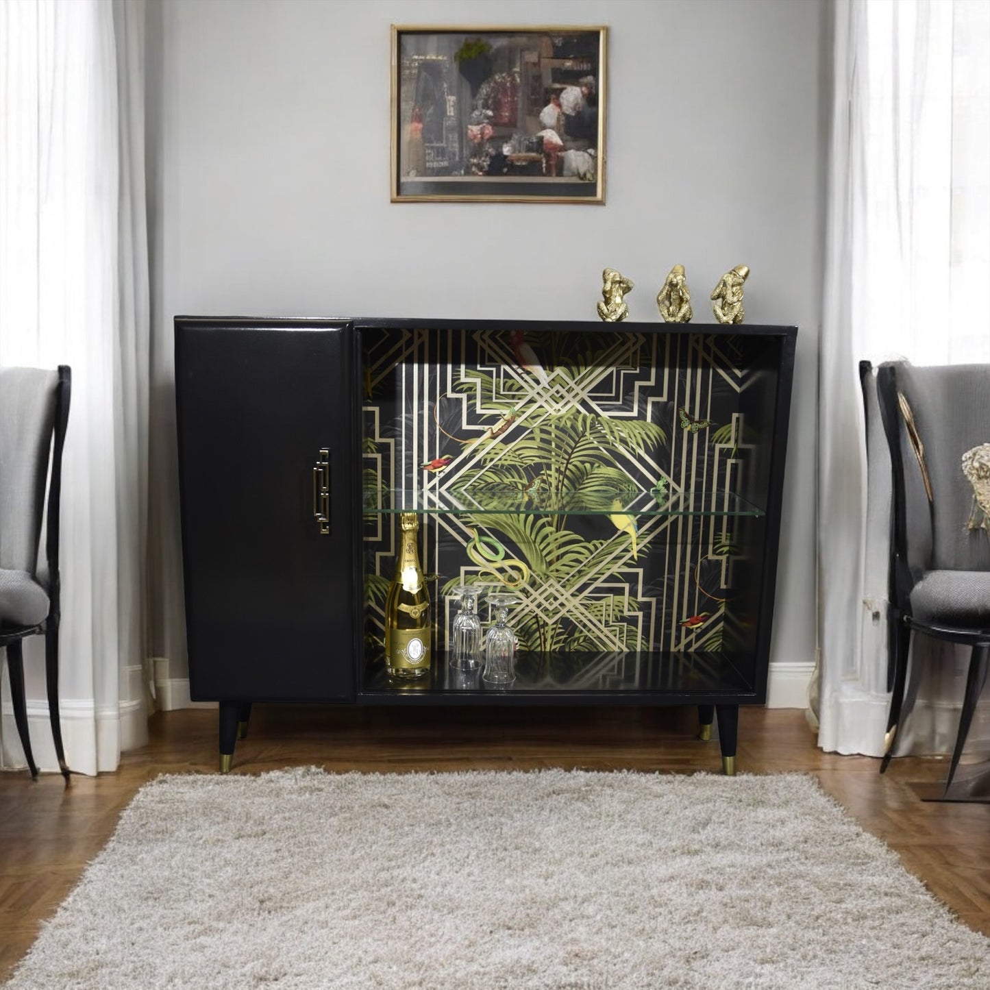 Turnidge of London sideboard, Gatsby, decoupage,  glass doors, brass feet, 1960s, upcycled, sustainable living, eco furniture, dining room.